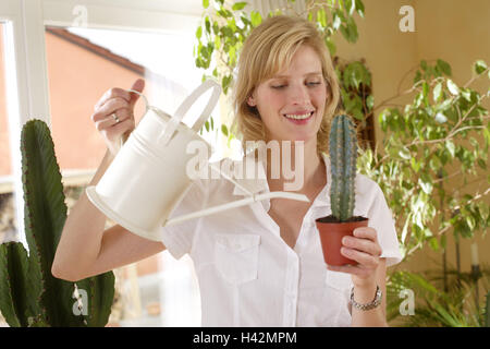 Woman, young, indoor plants, spurge, cactus, cast, watering can, smile, portrait, flat, room, decoration, plants, ornamental plants, potted plants, flowerpots, regular succulents, succulents, cacti, cactus plants, Euphorbie, spurge plants, stings, spiny, spikes, thornily, differently, sorts, kinds, easy-care, hobby, person, water, supply, maintain, pot, lifestyle, inside, Stock Photo