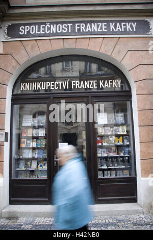 Czech Republic, Prague, bookshop, Franz Kafka, passer-by, blur, house, facade, business, book business, shop-window, books, literature, economy, retail trade, author, author, dramatist, Stock Photo