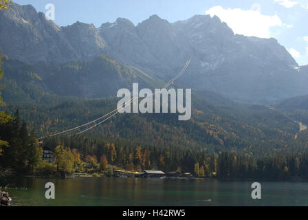 Germany, Bavaria, Werdenfels, Eibsee, mountains, cable car, Zugspitze, autumn, Upper Bavaria, alps, weather stone, Wetterstein Range, mountains, mountain massif, mountain landscape, waters, lake, mountain lake, Alpine lake, Eibsee cable car, autumn scenery, scenery, wood, autumn staining, autumnally, season, nobody, means transportation, destination, tourism, nature, Stock Photo