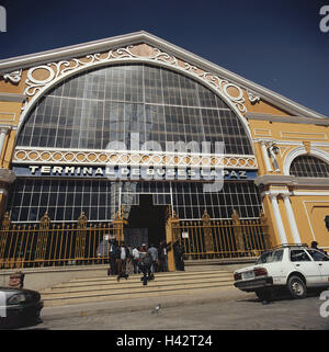 Bolivia, La Paz, bus terminal, South America, town, city, capital, building, architecture, facade, input, stairs, person, outside, Stock Photo