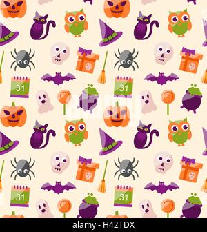 Halloween Seamless Pattern with Colorful Flat Icons Stock Vector