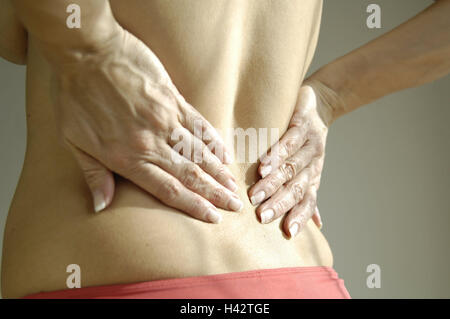 Woman, free upper part of the body, gesture, pains, back view, detail, person, health, disease, back problems, patient, hands, touch, spine, massage, back pains, Stock Photo