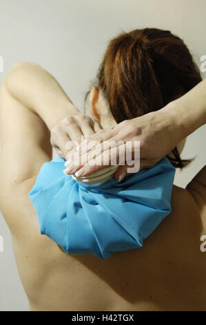 Woman, gesture, back pains, ice bags, back view, curled, people, brunette, health, disease, patient, complaints, pains, house means, cool, chilly, Stock Photo