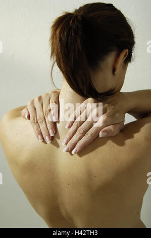 Woman, gesture, back pains, back view, curled, people, brunette, health, disease, patient, complaints, pains, touch, hands, napes, nape range, Stock Photo