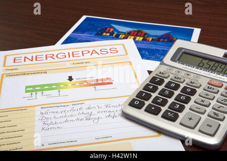 Energy pass, residential house, caloric picture, electronic calculator, Stock Photo
