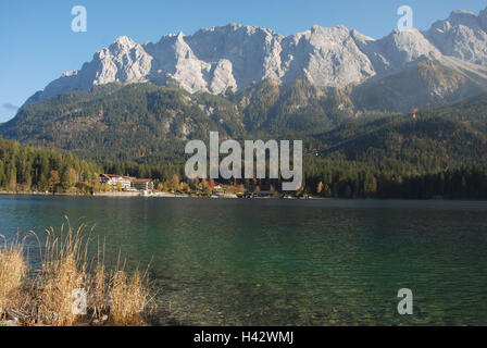 Germany, Bavaria, Werdenfels, Eibsee, hotel, cable car, mountains, Zugspitzes, autumn, Upper Bavaria, alps, weather stone, Wetterstein Range, mountains, mountain massif, mountain landscape, waters, lake, mountain lake, Alpine lake, gastronomy, Eibsee hotel, Eibsee cable car, autumn scenery, scenery, wood, autumn staining, autumnally, season, nobody, means transportation, destination, tourism, nature, Stock Photo