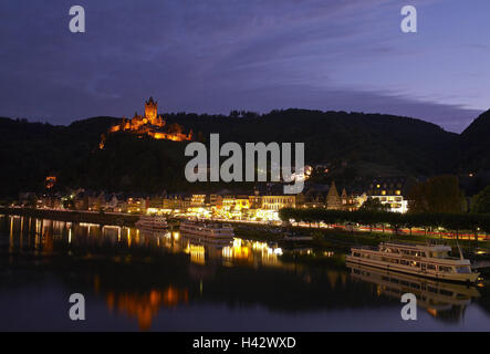 Germany, Rhineland-Palatinate, Cochem, town view, Old Town, evening, imperial castle, ship investor, river Moselle, Moselle valley, wine regions, wine-growing area, tourism, destination, castle, lights, mirroring, water surface, ships, houses, architecture, Stock Photo