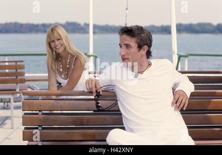 Excursion boat, deck, saddles, couple, flirtation, vacation, leisure time, boat tour, boat trip, woman, man, clothes white, flirt, happy, joy, holiday flirtation, get to know, smile, positive mood, outside Stock Photo