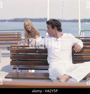 Excursion boat, deck, saddles, couple, one after the other, flirtation, vacation, leisure time, boat tour, boat trip, woman, man, clothes white, flirt, happy, joy, holiday flirtation, get to know, smile, positive mood, outside Stock Photo
