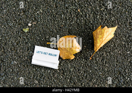 An empty packet of cigarette papers on an asphalt path. Stock Photo