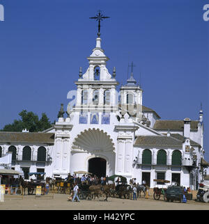 Spain, Andalusia, province Huelva, tablespoon Rocio, Whitsun Romeria tablespoon Rocio, horses, carriages, line-up, church, Europe, Südwesteuropa, Iberian peninsula, Southern Spain, tradition, folklore, feast to honour the virgin, Pentecost, faith, religiousness, traditions, procession, traditionally, building, church, pageant Stock Photo