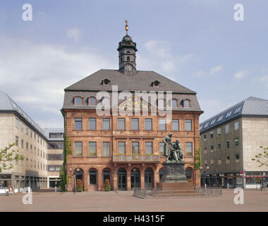 Europe, marketplace, space, architecture, building, house, sandstone facade, sandstone builds in 1723 - in 1733 Germany, Hessen, Hanau, brothers Grimm monument, in 1896, new town-dweller city hall, red, national monument, monument, statue, bronze statue, Stock Photo
