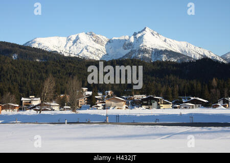 Austria, Tyrol, sea field, mountain landscape, winter, scenery, nature, place, houses, resort, mountains, Reitherspitze, snow, sunny, holiday resort, Idyll, alps, Stock Photo