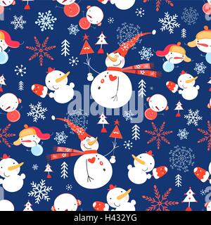 Seamless Christmas pattern with snowmen on a dark background with snowflakes Stock Vector