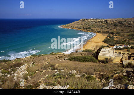 Malta, island Gozo, Ramla Bay, coastal scenery, island state, Mediterranean island, the Mediterranean Sea, coast, hill, view, beach, beach, sea, scenery, coastal region, destination, tourism, nature reserve, Stock Photo