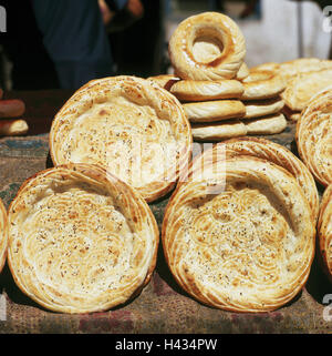 China, region Sinkiang, Framing-even, market, sales booth, detail, breads, uigurisch, Asia, Silk Road, Xinjiang, Kashi, market tag, bazaar, economy, trade, street sales, offer, goods, food, cakes and pastries, cake, outside, Stock Photo