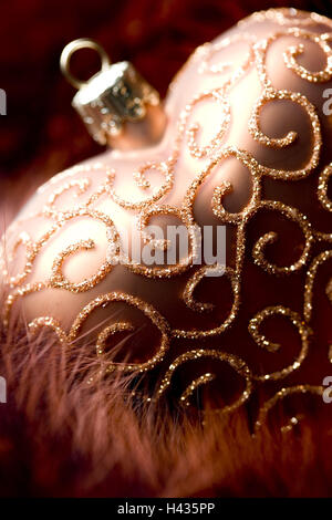 Christmas decoration, Christmas sphere, heart form, brown, golden, fur, detail, blur, Stock Photo