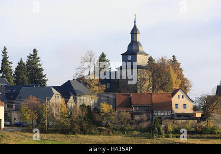 Germany, Thuringia, brown village, local view, houses, trees, steeple, place of interest, destination, tourism, season, autumn, deserted, Schiefergebirge, church, tower, architecture, church, sacred construction, faith, religion, Christianity, residential houses, Stock Photo