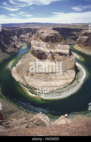 The USA, Arizona, page, Glen Canyon, Horseshoe Bend, Colorado River, North America, destination, place of interest, mountain landscape, mountains, rock, gulch, river, nature, rest, silence, destination, width, distance, outside, deserted, Stock Photo