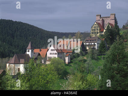 Germany, Black Forest, old dough, Bern corner, local view, lock, Baden-Wurttemberg, Nagoldtal, place, houses, residential houses, castle buildings, town church, church, summer, Stock Photo