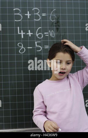 Girls, school, notice board, arithmetic assignment, Stock Photo