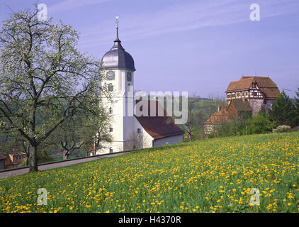 Germany, Black Forest, old dough, local view, church, spring, Baden-Wurttemberg, Nagoldtal, spring meadow, fruit-tree, blossom, parish church, lock, places interest, season, Stock Photo