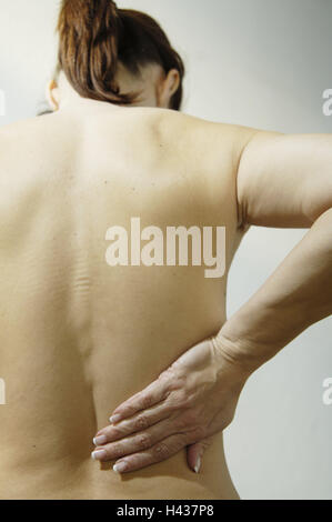 Woman, gesture, back pains, back view, curled, people, brunette, health, disease, patient, complaints, pains, touch, hands, lumbar vertebra range, spine, Stock Photo