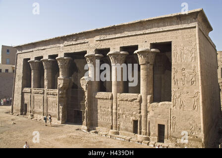 Egypt, Esna, Chnum temple, tourist, Africa, Upper Egypt, travel, vacation, tourism, destination, holiday destination, place of interest, temple, Chnum, outside, facade, pillars, story, culture, person, visitor, Stock Photo