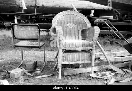 Bulky refuse, chairs, shovel, waste, b/w, Germany, Dusseldorf, freight depot, harbour, scrap metal, throw away, disposal, broken, nobody, forgotten, hopelessly, St. furniture, garbage, outside, Stock Photo