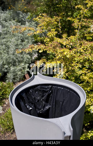 Garden, refuse bin, tonne, case, plastic, plastic, grey, collective case, garbage, waste, waste, garden waste, plastic bag, blank, order, cleanness, shrubs, plants, Stock Photo