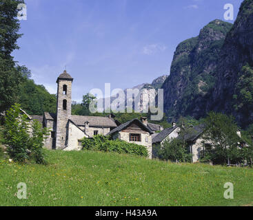Switzerland, Ticino, Val Bavona, mountain village, Foroglio, church, Europe, alp room, mountains, village, place, local view, church, sacred construction, building, structure, architecture, steeple, houses, stone structure way, stone building, stone house Stock Photo