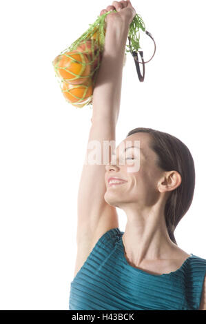 Woman, string bag, fruit, smile, portrait, Stock Photo