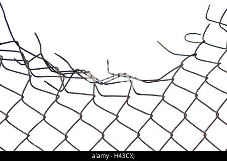 Grunge old aged weathered crushed rusty wire security fence, large detailed isolated horizontal macro closeup white background, blank empty copy space Stock Photo