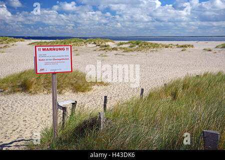 Warning sign on beach, dangerous current, Ellenbogen, List, Sylt, North Frisian Islands, North Frisia, Schleswig-Holstein Stock Photo