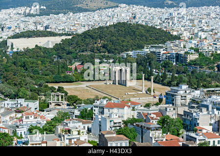 Ruins of Temple of Olympian Zeus in the town, Athens, Greece Stock Photo