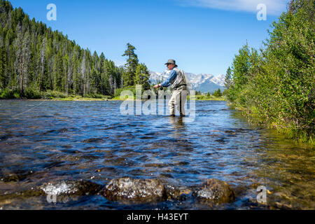 Caucasian man fly fishing in river Stock Photo