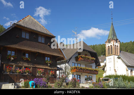 Germany, Baden-Wurttemberg, Black Forest, howler iron brook, local middle, church, houses, place, parish, district, steeple, faith, religion, Christianity, residential houses, flowers, Hammereisenbach-Bregenbach, Black Forest houses, buildings, architecture, typically, traditionally, historically, wood shingles, wood shingle house, Stock Photo