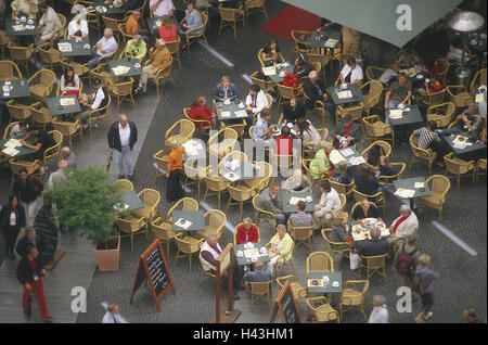 Germany, Berlin, Sony centre, cafe, tourist, from above, town, capital, city travel, gastronomy, street cafe, bar, person, guests, sit, tables, chairs, outside, Stock Photo