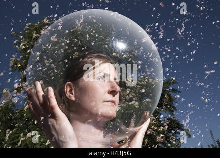 Garden, woman, head, glass ball, stand, portrait, polling, icon, allergy, protection, isolation, model released, people, defence, conception, blossom, protect disease, allergically, reaction, measure, counterweir, security, avoidance, allergens, pollen, flower pollen, polling allergy, hay fever, hypersensibility, sensibility, resistant, insensitively, covers, finished, refuse, isolate, immune, immunity, sensitively, insensitively, sensibility, insensitiveness, self protection, prevention, transparency, outside, Stock Photo