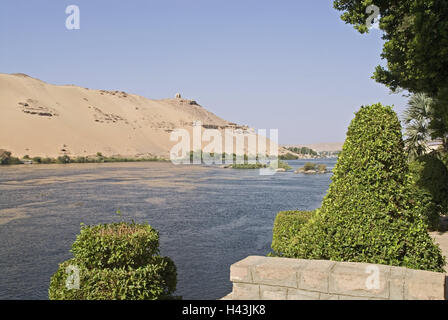 Egypt, Aswan, the Nile, island Elephantine, Nile shore, rock tombs, Africa, Upper Egypt, travel, vacation, tourism, destination, holiday destination, Nile island, Elephantine, river, shore, tombs, place of interest, historically, story, Stock Photo