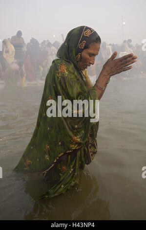 India, Uttar Pradesh, Allahabad, Kumbh Mela, wife, wet, water, pray, side view, Stock Photo