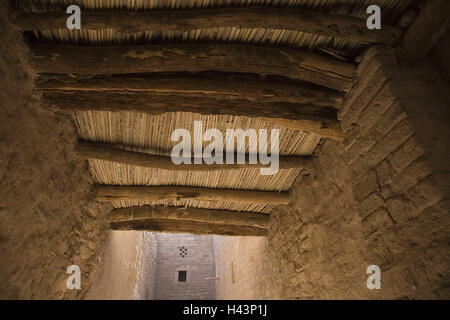 Saudi Arabia, Al-Ula, Old Town, mucky setting, passage, reed caps, provincial town, houses, buildings, facades, mucky houses, walk, ceilings, wooden beams, reed, simply, simply, suitably, place of interest, destination, tourism, nobody, raftered ceiling, Stock Photo