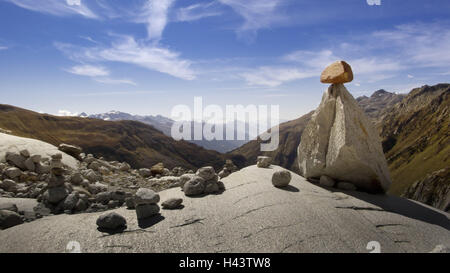 Switzerland, canton Valais, Rhone glacier, stone little man, Europe, gang glacier, valley glacier, Furka, mountain massif Dammastock, glacier, width, distance, mountains, mountains, nature, travel, heaven, scanty, alps, stones, Seinmandl, selection, road selection, Stoamandl, figure, Stock Photo