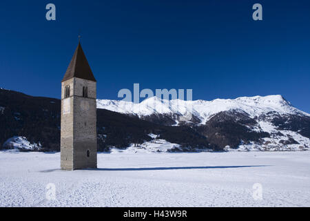 Italy, South Tyrol, crisp pass, crisp lake, Graun, steeple, winter, Stock Photo