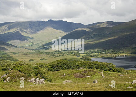 Ireland, Munster, Kerry, Killarney, national park, ladies View, Upper brine, mountains, lake, scenery, nature reserve, width, distance, view, cloudies, nature, vegetation, deserted, outside, Stock Photo