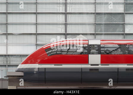 Transrapid train, motor coach, mirroring, concrete base, architecture, airport, Munich, Stock Photo