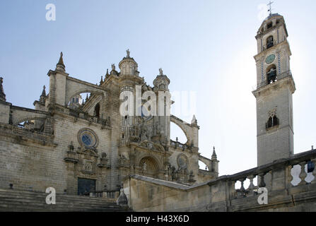 Spain, Andalusia, Jerez de la Frontera, cathedral, detail, town, city centre, city centre, houses, buildings, church, stairs, bell tower, unmarked, style mixture, architecture, place of interest, destination, tourism, Stock Photo