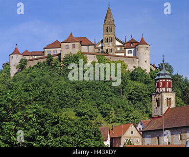 Germany, Baden-Wurttemberg, Swabian sound, castle Com, outside, cooker's valley, hill, cloister, Benedictine's cloister, cloister plant, building, structure, towers, military towers, orders, Benedictines, faith, religion, tourism, place of interest, trees, sunshine, heaven, blue, Stock Photo