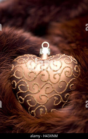 Christmas decoration, Christmas ball, heart form, brown, golden, fur, detail, blur, Stock Photo