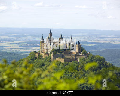 Germany, Baden-Wurttemberg, Hechingen, castle Hohenzollern, Alb (region) foothills, Zollernalbkreis (district), mountain, hill, wood, castle, witness's mountain, Zollerberg, castle grounds, building, architecture, place of interest, destination, tourism, Stock Photo